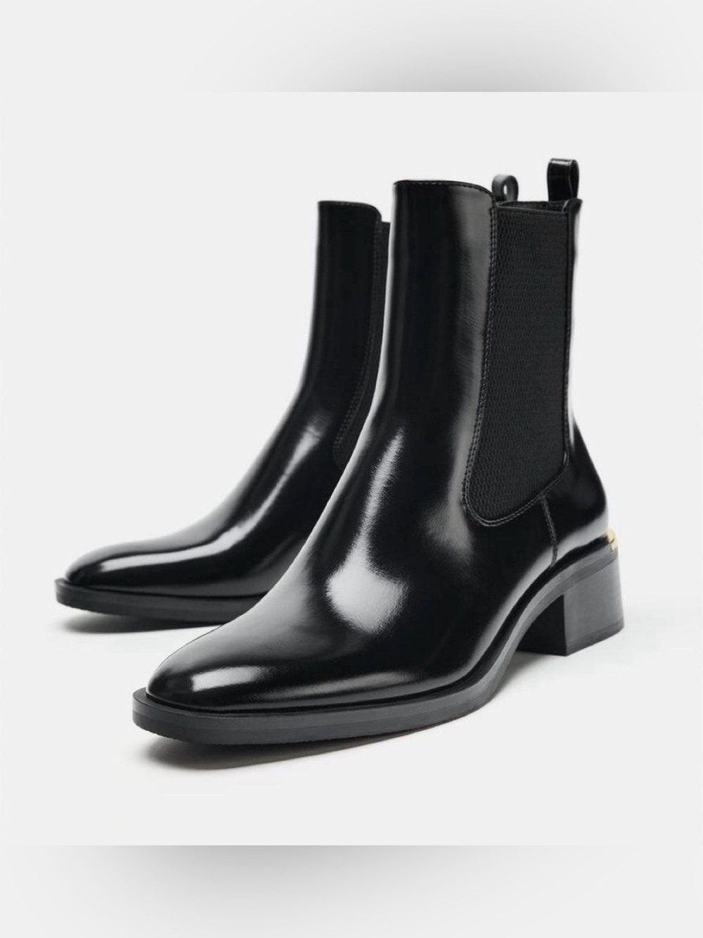 Zara Black Block Heel Chelsea Ankle Boots with Gold Accent